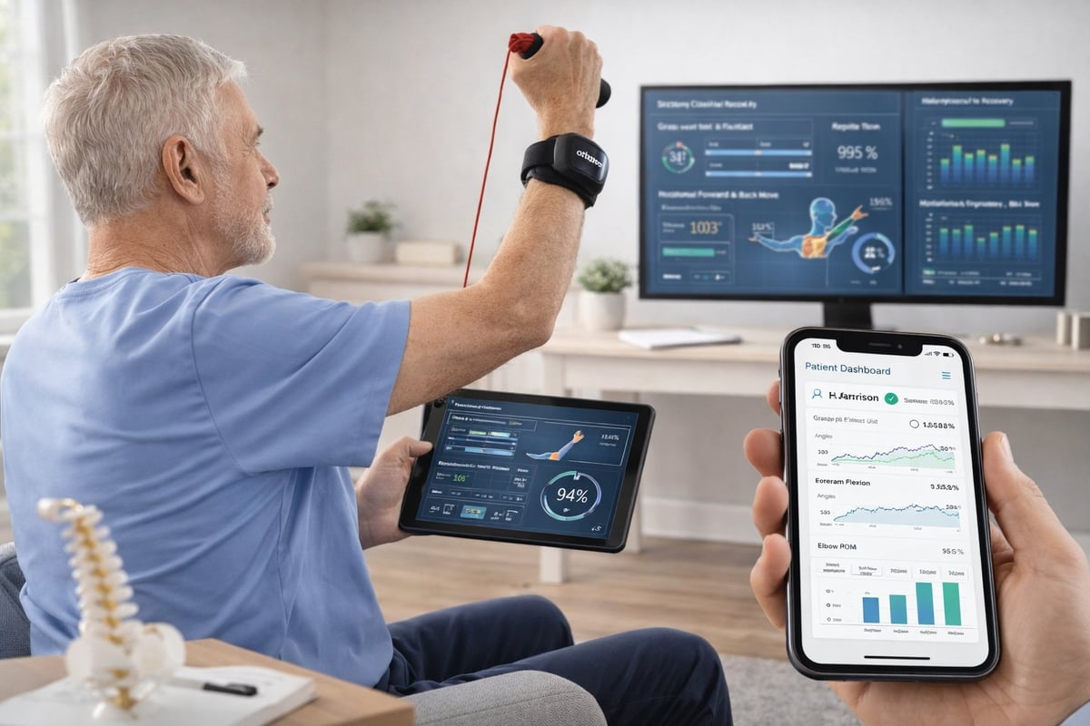 Senior man wearing smartwatch with arm raised, surrounded by health monitoring devices displaying fitness data on screens