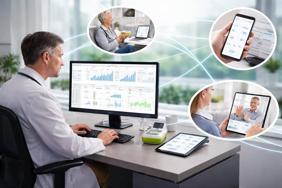 Businessman at desk viewing analytics on monitor with connected virtual communication icons showing video call, mobile app, and colleague interaction.