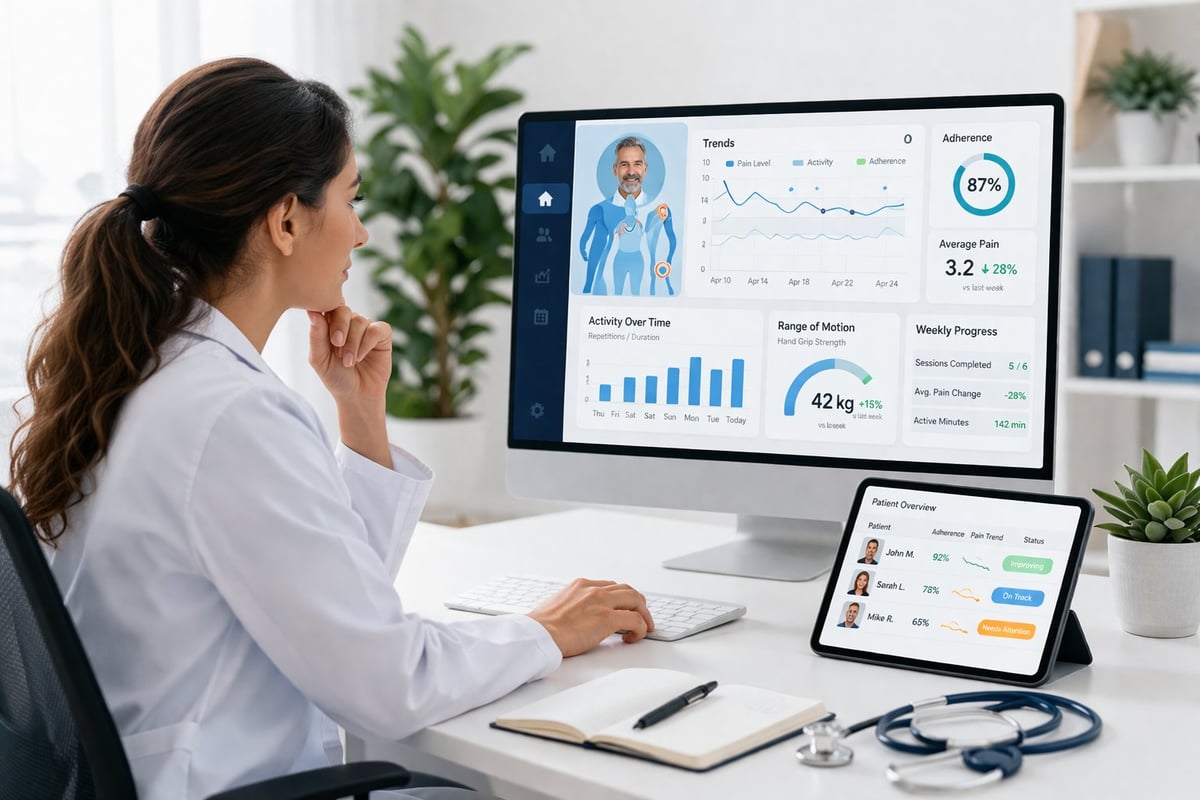 Woman in white coat viewing healthcare analytics dashboard on desktop monitor with tablet and stethoscope at desk