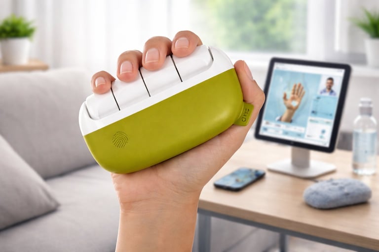 Hand holding a green and white hand massage device with finger nodes, displayed in a home office setting
