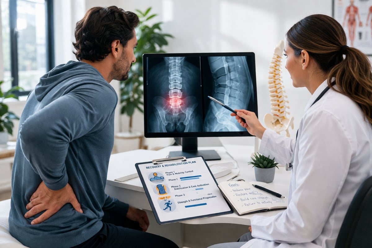 Doctor reviewing spinal X-rays with patient in office, pointing at highlighted lower back area showing pain location