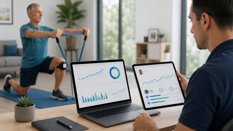 Personal trainer monitoring client exercise data on laptop and tablet during workout session in modern gym setting