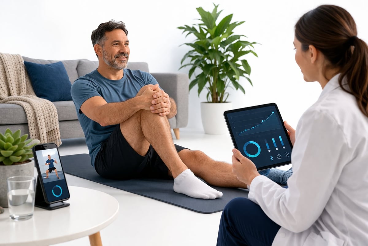 Healthcare professional analyzing patients leg during telemedicine consultation with tablet and health monitoring device