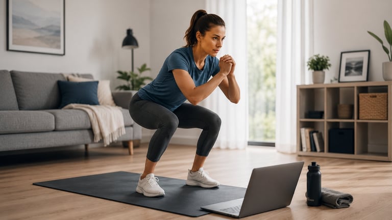 Woman performing a squat exercise on a mat at home while following a workout video on a laptop in her living room