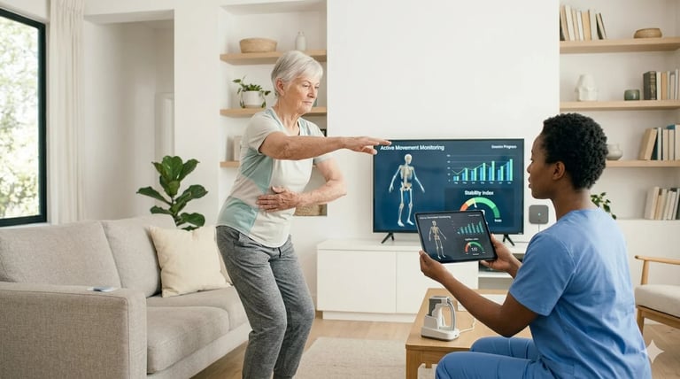 Healthcare professional assessing elderly womans posture and mobility using digital health interface with skeletal analysis on screen