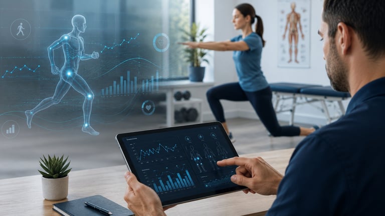 Man viewing health analytics on tablet while woman exercises with holographic fitness data overlay in modern office