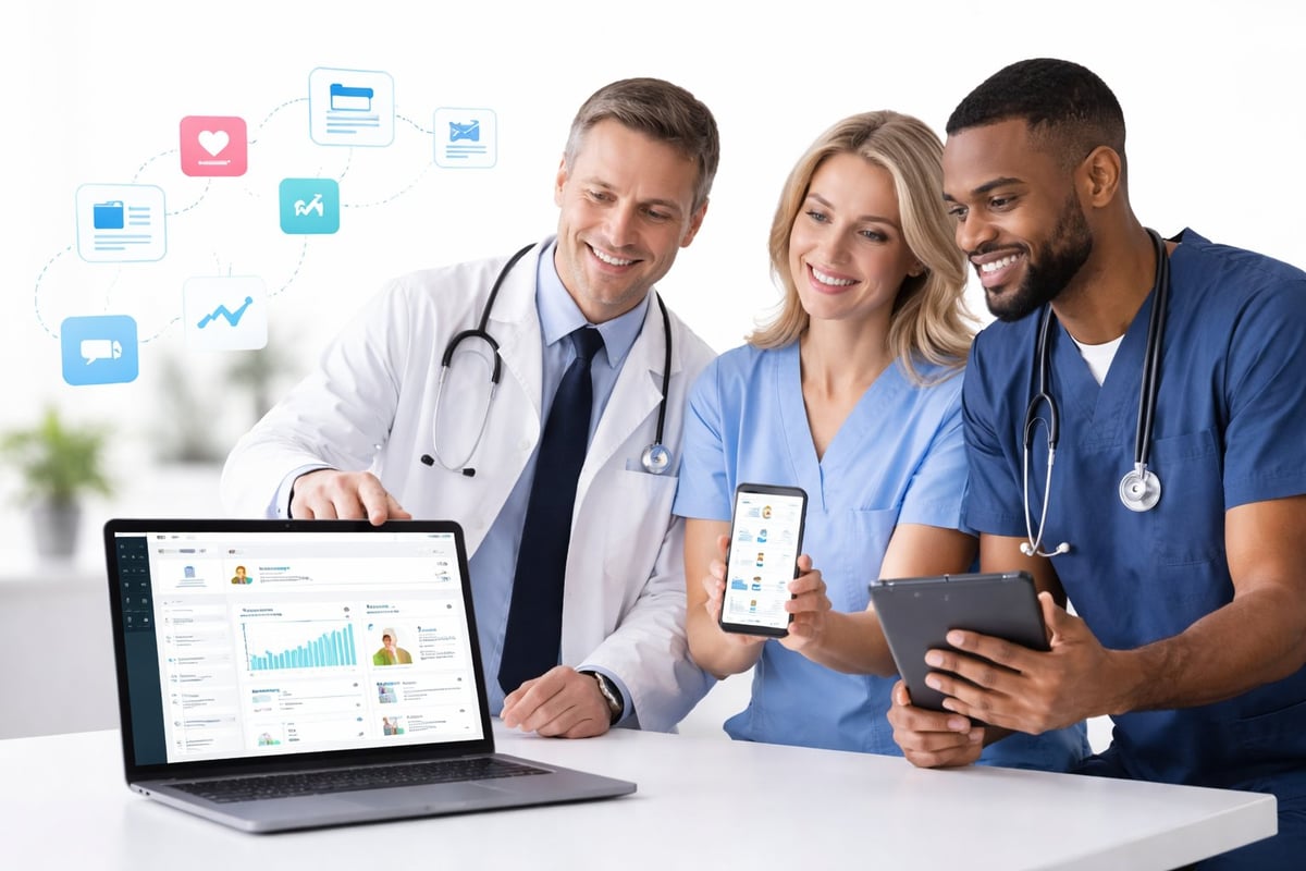 Three healthcare professionals viewing digital health data on a laptop, tablet, and smartphone with medical app icons in background