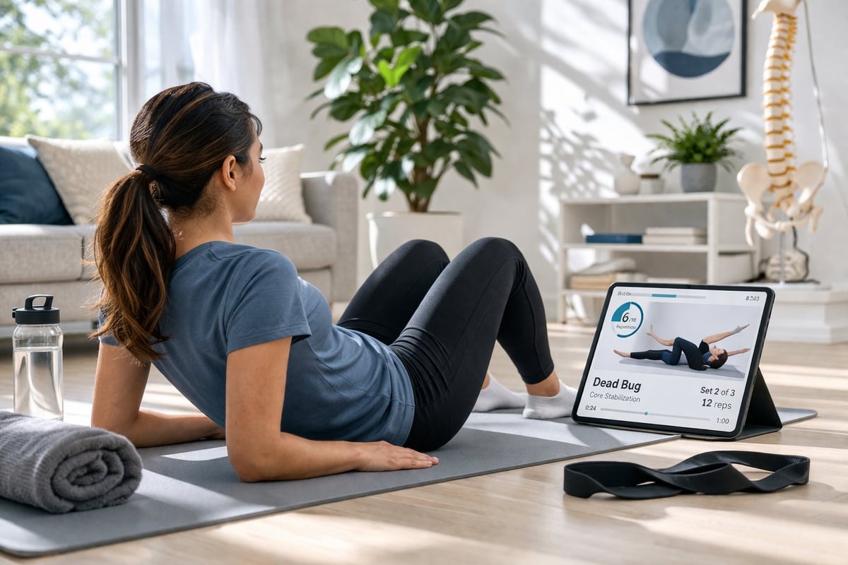 Woman performing a plank exercise on a yoga mat while watching a fitness video on a tablet in a bright living room.