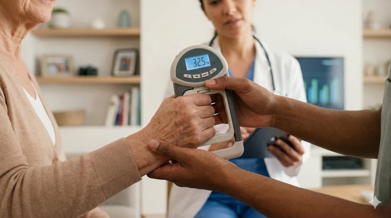 Healthcare worker using infrared thermometer to check patients temperature during medical examination at home