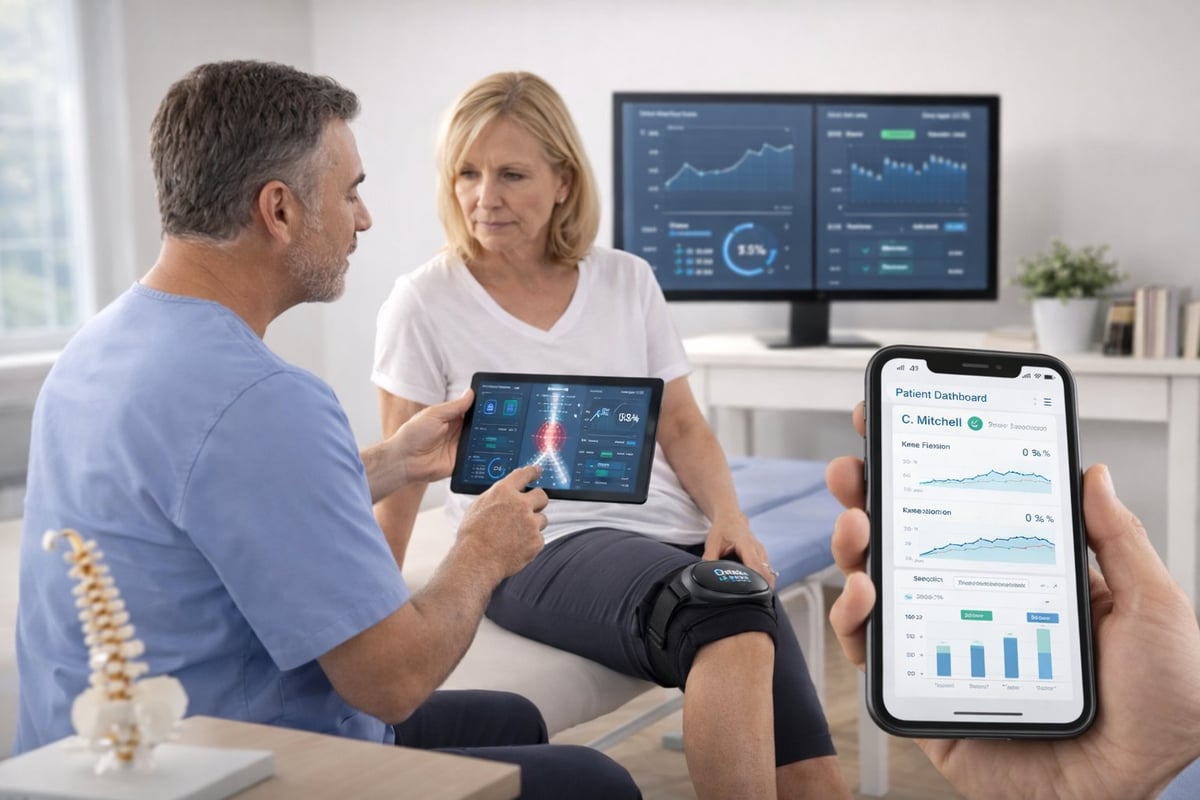 Man and woman reviewing digital health data on tablet and smartphone with analytics displayed on monitors in background