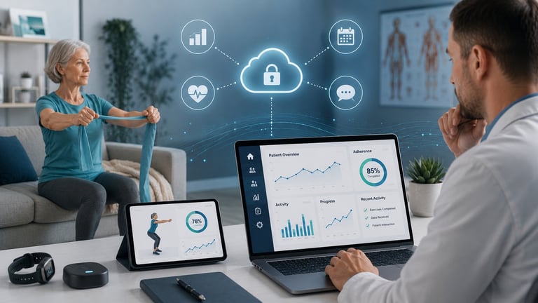 Two professionals in an office reviewing health and fitness data on digital devices with cloud security icons displayed