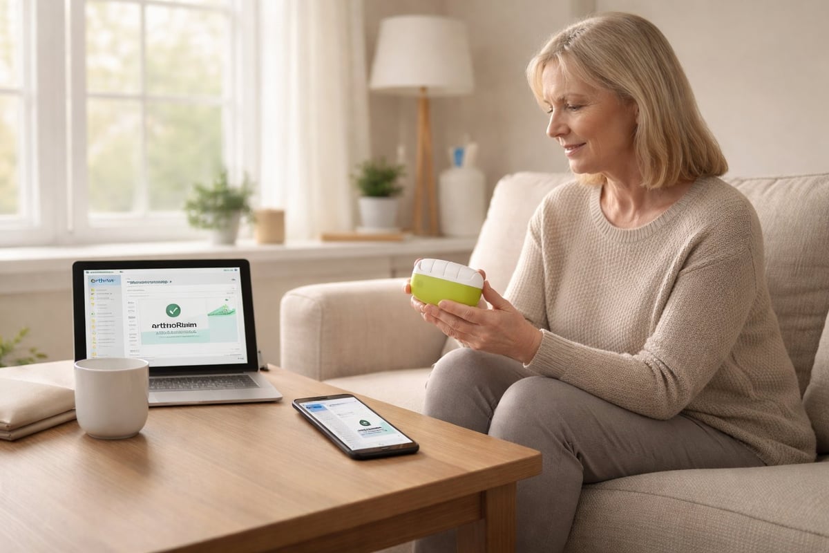 A middle-aged woman sitting on a couch holds a yellow medication bottle while looking at a laptop displaying health information, with a smartphone on the table nearby.