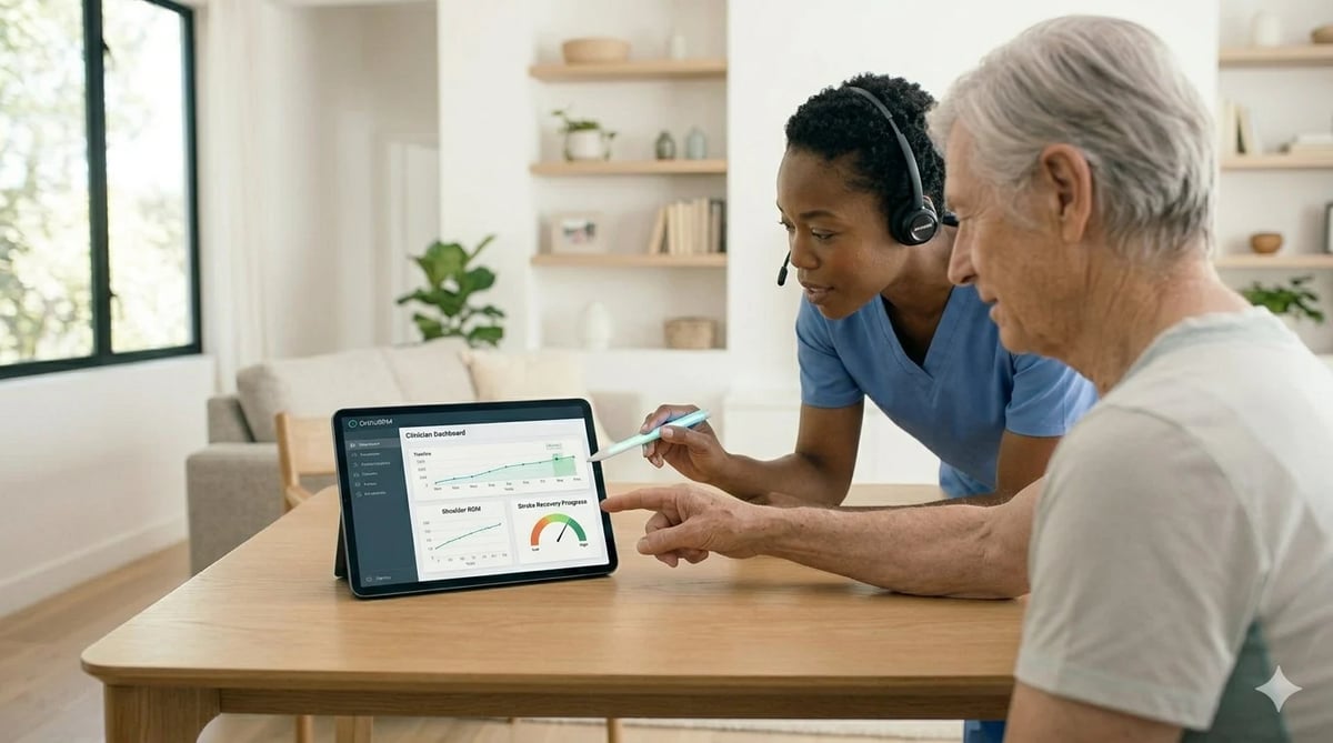 Healthcare worker in blue scrubs explaining tablet data to elderly male patient at wooden table in bright home setting
