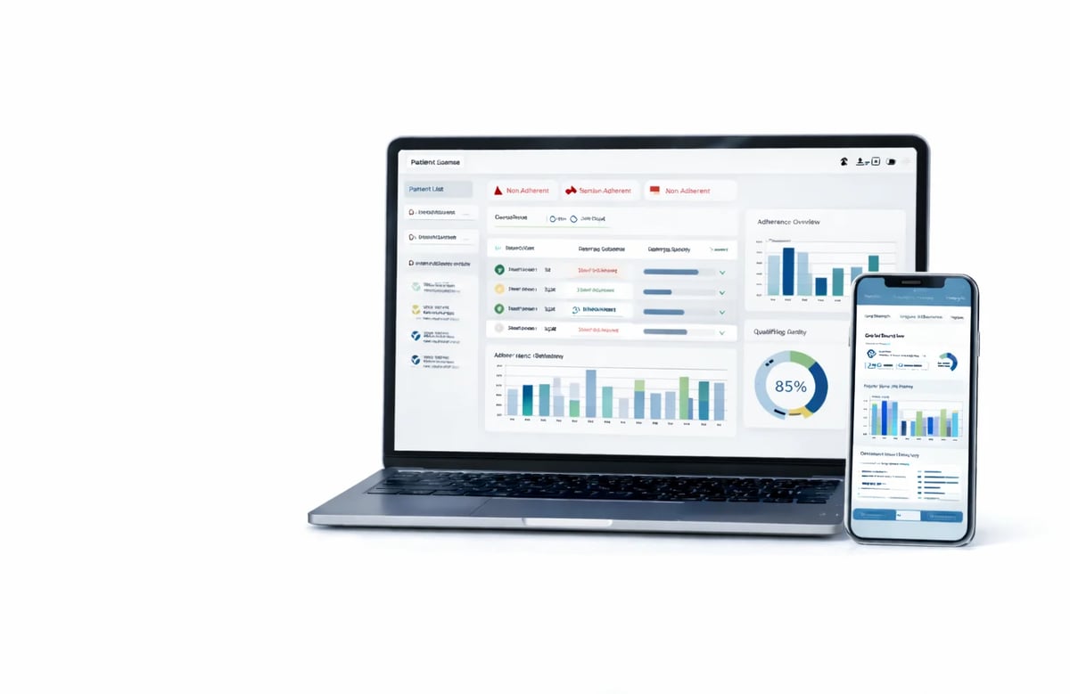 Laptop and smartphone displaying analytics dashboard with charts, graphs, and data visualizations