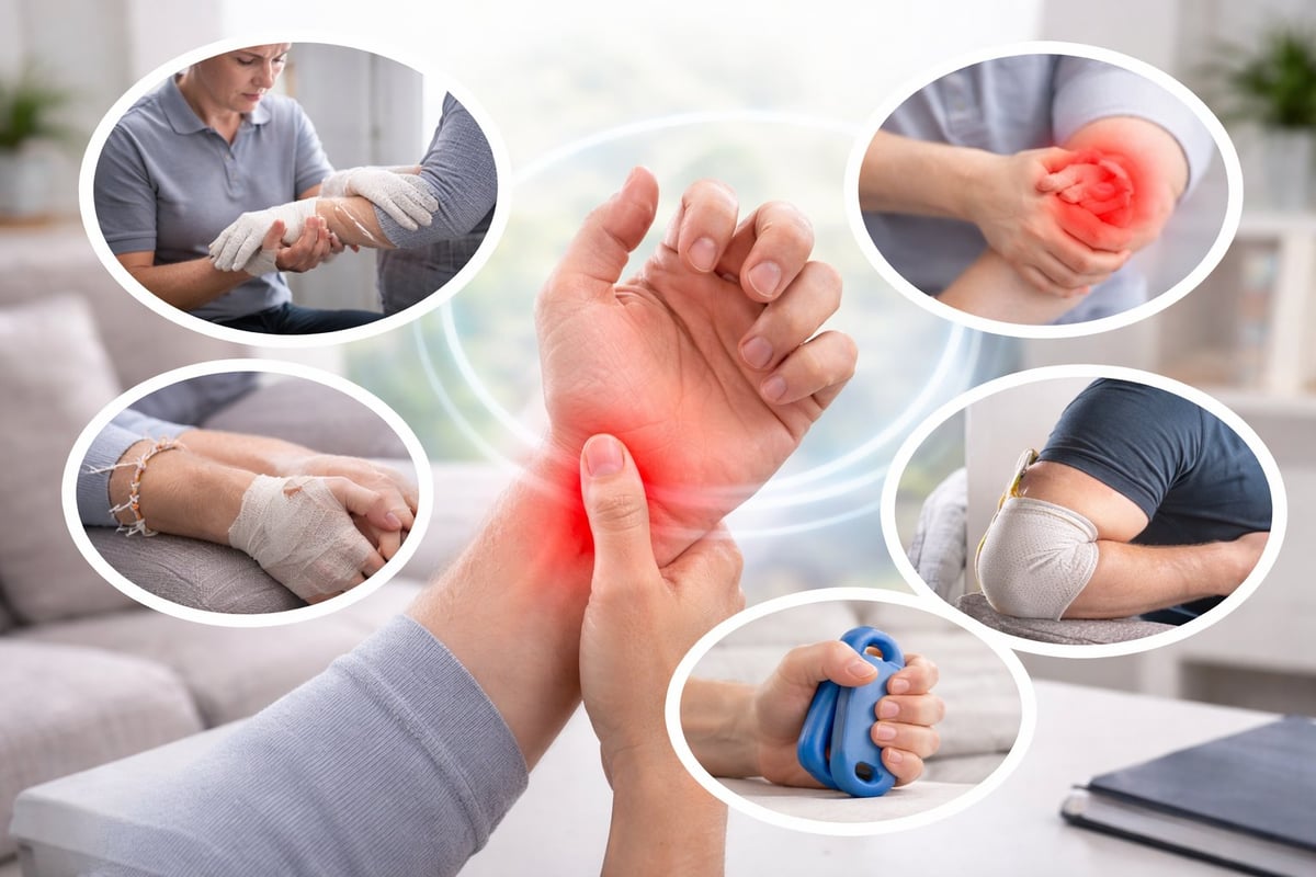 Collage of hand and wrist pain symptoms with red glow highlighting affected areas, surrounding circular photos of people experiencing joint discomfort and using pain relief treatments